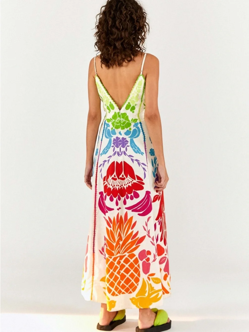 FARM Rio Colorful Tropical Pineapple Graphic Linen Blend Strappy Maxi Dress S - Picture 3 of 16